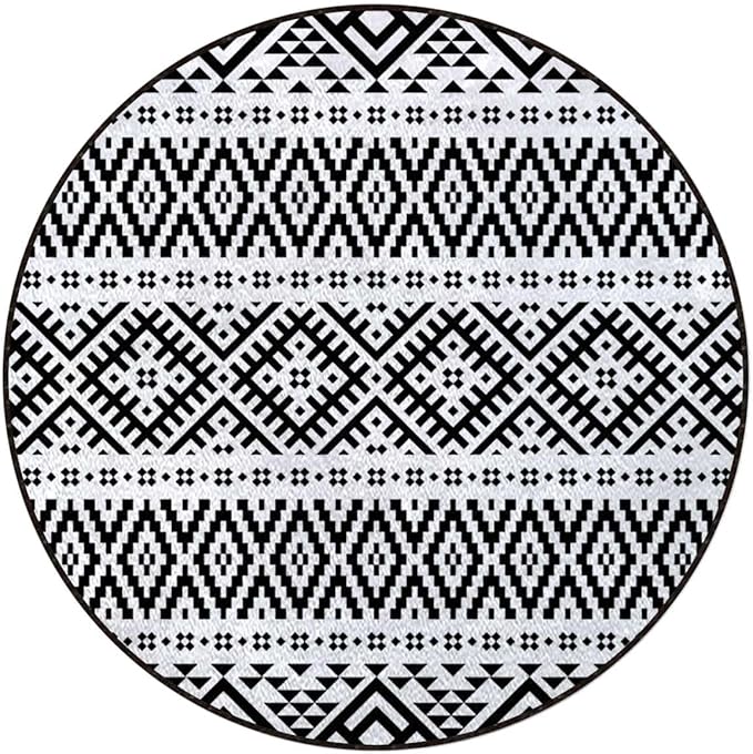 Black and White Round RugCircle RugFarmhouse Distressed Non Slip Area Rug Round Rugs for Living Room Kitchen Bedroom Bathroom Geometric Design Triangles Squares Diameter 39.4 in
