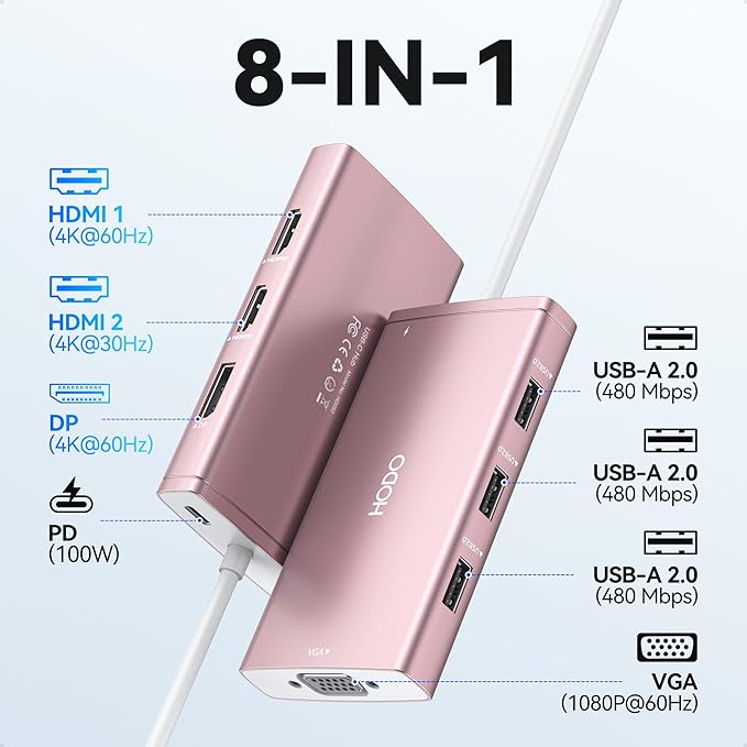 USB C Docking Station Dual Monitor Adapter for Dell HP Laptop Docking Station 3 Monitors Quadruple Display USB C Hub Dongle to 4K HDMI+DisplayPort+VGA3 USB2.0100W PD 8 in 1 Thunderbolt Dock