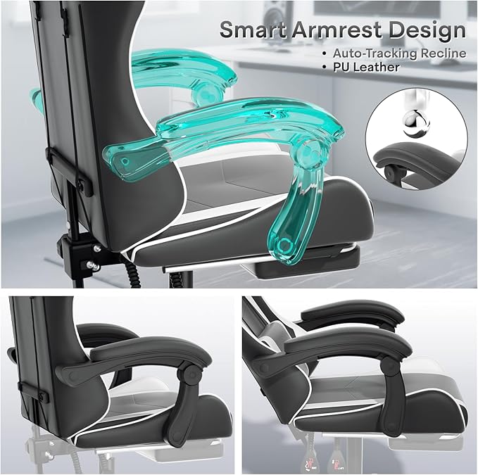 Athena Collection Gaming Chair Ergonomic Gaming Chair with Footrest &amp Headrest Lumbar Support Height Adjustable Swivel Computer Chair Office Chair for Kids Adults(White)