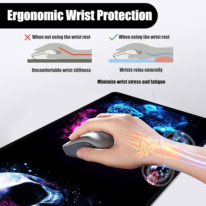 Mouse PadLarge Desk Mat Set 4in1 XL Mousepad + Keyboard Wrist Rest+Mouse Wrist Rest+Coaster with Ergonomic Desk Pad for Home Office Table Computer Cover -Neon Skulls with Roses