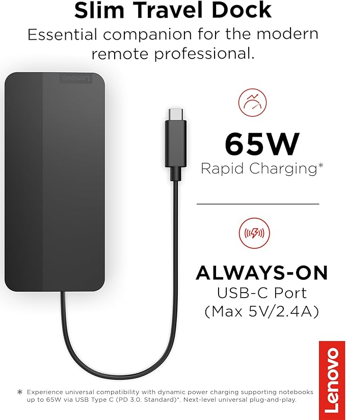 Lenovo USB-C Slim Travel Dock 8 Ports Up to 65W PD Pass Through Integrated USB-C Cable 4K Display Support Black