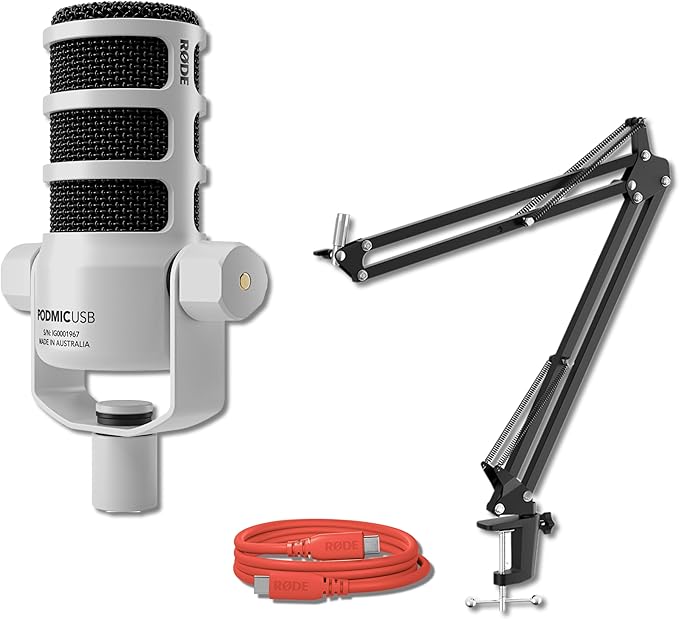 Rode PodMic USB White Dynamic Broadcast Microphone with Rode SC27 Red USB-C to USB-C Cable and StreamEye Adjustable Boom Arm