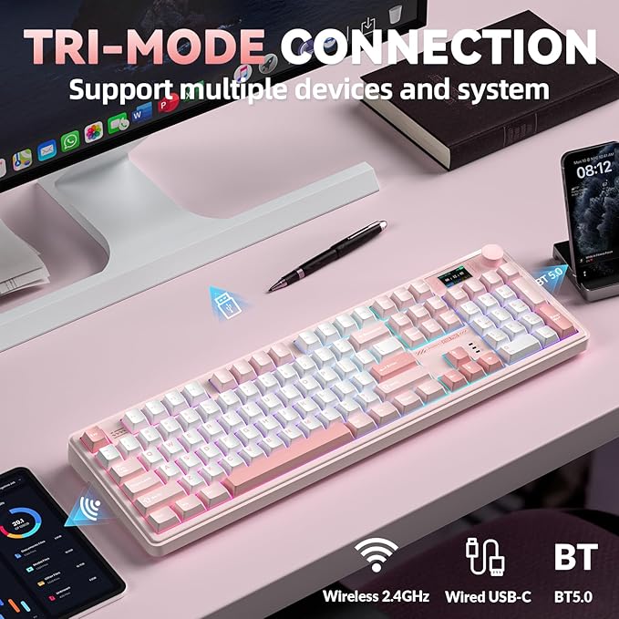 LINGBAO K108 Pro Wireless Mechanical Keyboard with Screen &amp Knob Full Size Creamy Keyboard with Number Pad 10000mAh Battery PBT Keycaps RGB Backlit Hot-swappable Pink Gaming Keyboard for PC/M