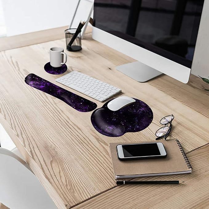 Keyboard Wrist Rest and Mouse Wrist Rest Pad Set Made of Memory Foam with Non Slip Rubber Base Ergonomic Gel Wrist Rest for Computer Keyboard Gaming Office Working with Purple Galaxy Coaster