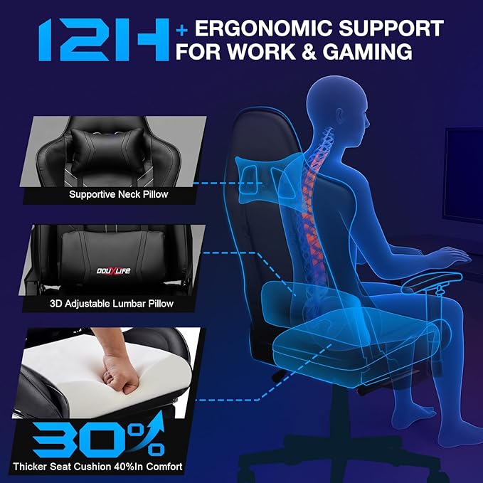 Douxlife 7-Point Massage Gaming Chair with Footrest 400lbs Heavy Duty Ergonomic Computer Chair 175° Reclining High Back Racing Seat for Adults with Adjustable Armrests &amp Lumbar Support Black