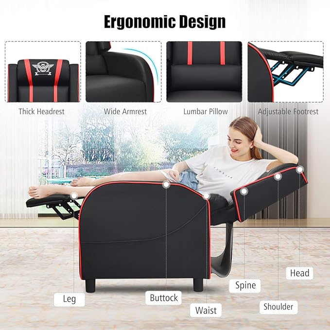Harmony-Furniture Modern Massage Gaming Recliner Chair PU Leather Home Theater Recliner Chairs w/Footrest and Massage Racing Style Sofa Chair for Living Bedroom Gaming Room (Red)