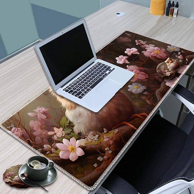Large Game Mouse Pad + Wrist Support Pad + Coffee Coaster Desk Pad with Sewn Edges Anti-Slip Set pad Suitable for Office Work and Home - Cute Animals Birds Flowers