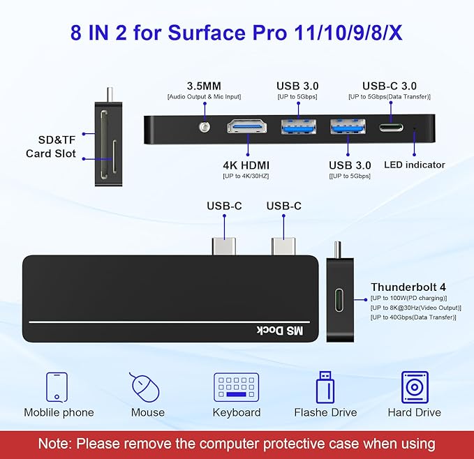 Surface Pro 8/9/X/10/11 Docking Station - Surface Pro 11 USB C Adapter Multiport Hub with 4K HDMI Thunderbolt 4 USB 3.0 SD/TF Reader 3.5mm Audio Surface Pro Copilot Accessories