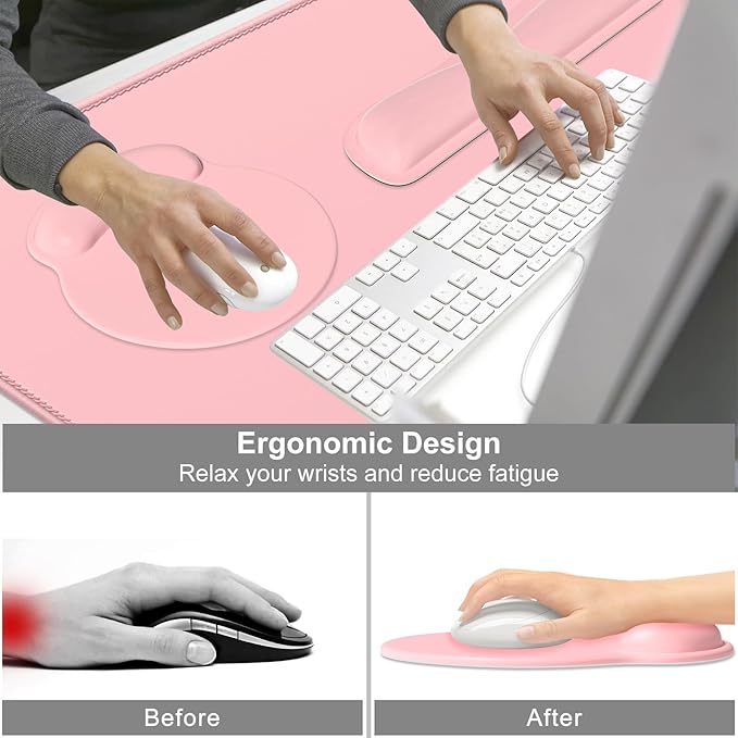 Dapesuom Large Gaming Mouse Pad Pink Mouse Pads with Wrist Rest Wrist Support 4in1 Big XXL Desk Mat Desk Pad + Ergonomic Mousepad + Memory Foam Keyboard Mat Wrist Rest + Coaster Set for Computer