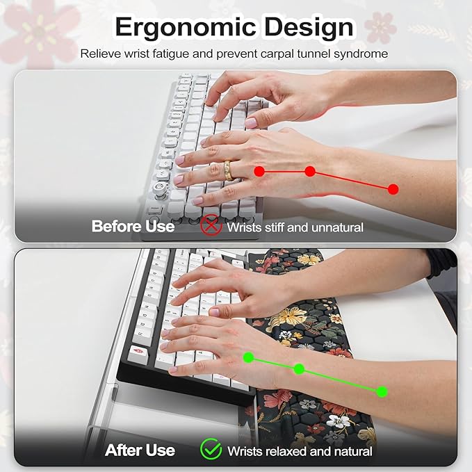 Keyboard Stand for Desktop Floral Wrist Support for Keyboard Anti-Fatigue Memory Foam Wrist Rest 3-Angle Adjustable Acrylic Riser for Office Home (Black Floral)