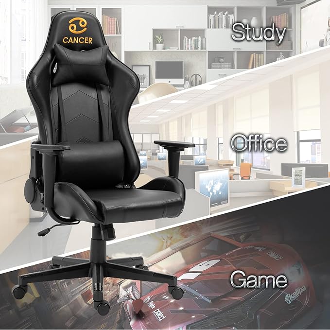 Modern-Depo Black Gaming Chair with Zodiac Star Sign Ergonomic Design Adjustable Swivel and Lumbar Support for Office or Gaming