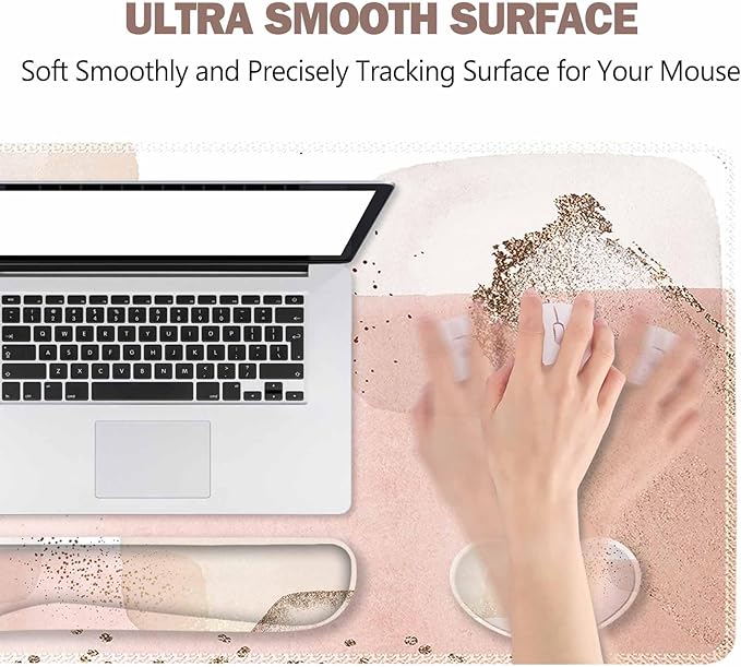 ToLuLu Extended Gaming Mouse Pad Memory Foam Ergonomic Keyboard Mouse Wrist Rest Support Set Large Desk Mat with Stitched Edges Non-Slip Base Mousepad for Home Office Game Study Pink Gold