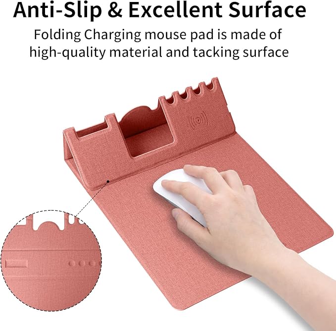Mouse Pad with Phone Holder &amp Pen Holders Wireless Charging Desk Mat Mousepad Home Office Desk Pad with Ultra-Smooth Surface Non-Slip Base Waterproof Keyboard Pad Classic Pink Desk Mat