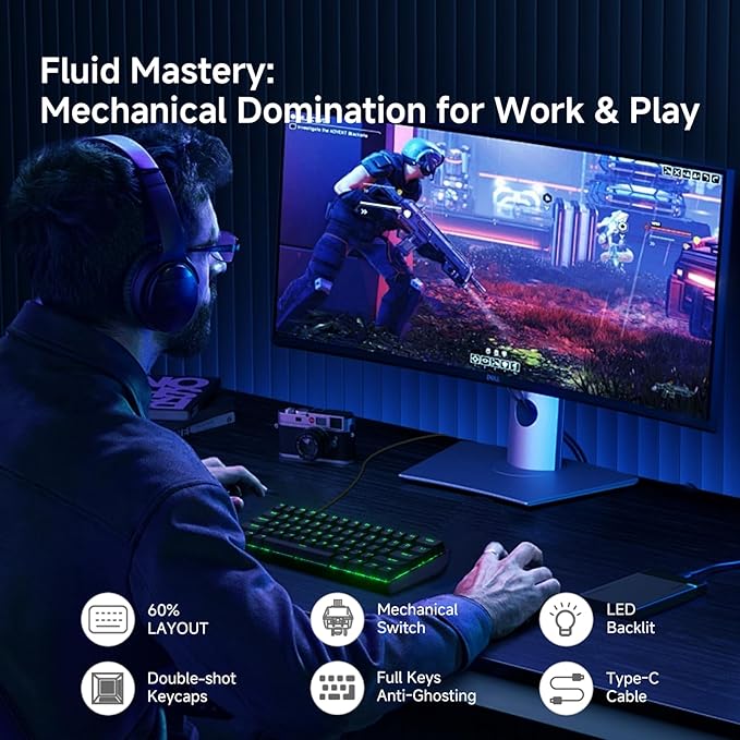 TMKB 60% Mechanical Gaming Keyboard Red Linear Switch LED Backlight Anti-Ghosting Detachable USB-C Double-Shot Keycaps 61 Keys Wired Black