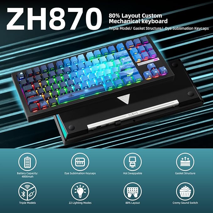 ZORNHER ZH870 Wireless Mechanical Gaming Keyboard80% Blue Custom Creamy Sound Keyboard with Lighted Up Dye Sublimation PBT KeycapsPre-lubed Linear SwitchesHot-SwappableRGB Backlit