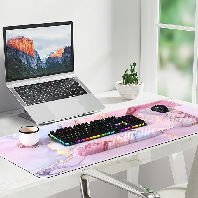 Pink Desk Mat Large Mouse Pad with Wrist Rest Ergonomic Keyboard Wrist Support Carpal Tunnel Mousepad XXL Cushion with Coaster Set Computer Keyboard Mat Pink Marble