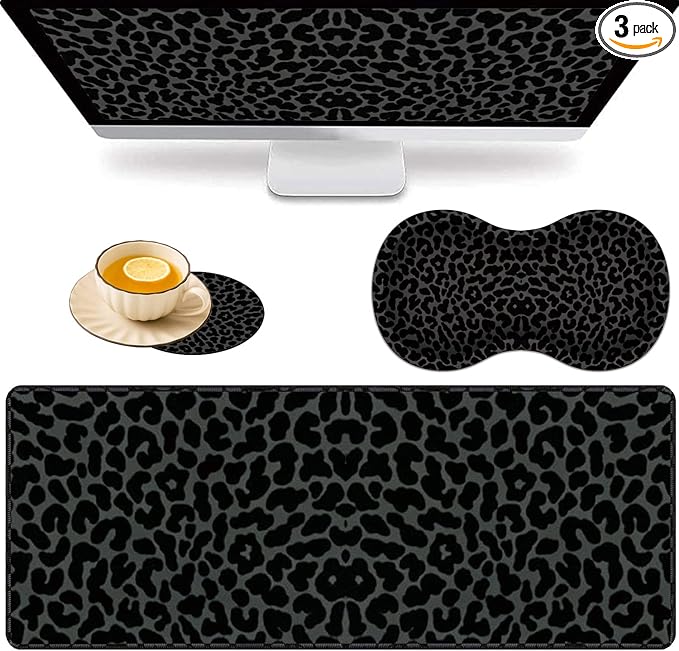 Large Game Mouse Pad + Wrist Support Pad + Coffee Coaster Black Leopard Print Foldable Table Mat with Stitched Edge Non-Slip Set Pad Suitable for Office Work and Home
