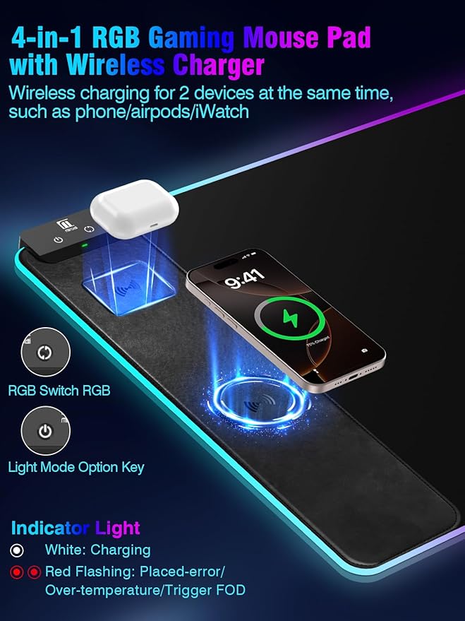 Miroddi RGB Mouse Pad with Wireless Charging Gaming Mousepad 31.5x15.75 Extra Large Desk Mat 13 Light Modes Non-Slip Rubber Base Ultra-Smooth Surface Keyboard Mat for PC MacBook Laptop