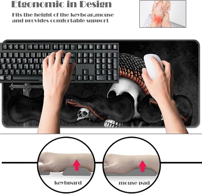 Ergonomic Keyboard Wrist Rest &amp Mouse Pad Wrist Rest SetXL Gaming Desk Mat 31.5x 11.8Non-Slip BaseMemory FoamEasy Typing Pain Relief for Office &amp HomeSword and Skull