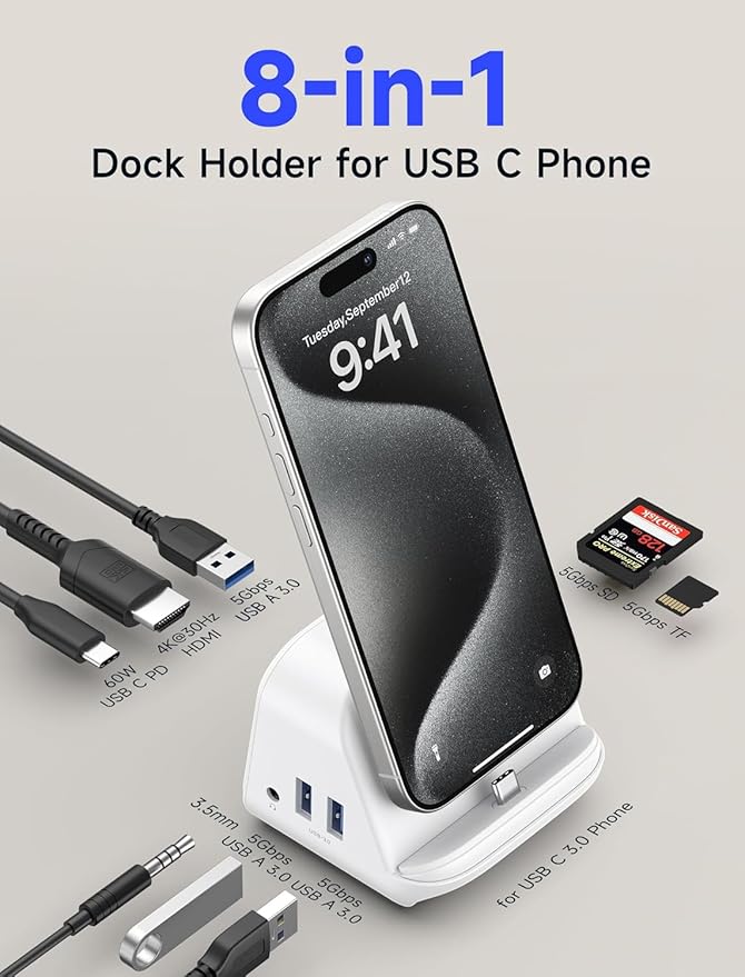 JSAUX USB C Docking Station Stand for Samsung Dex 8-in-1 Multiport Hub with Phone Stand 4K HDMI USB 3.0 5Gbps SD/TF Card Slots60W PD Compatible with Samsung S24 Pixel 8/8 Pro iPhone 15 Series