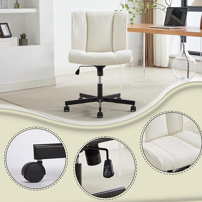Armless Office Desk Chair with Wheels Cross Legged Wide ChairComfortable Adjustable Swivel Computer Task Chairs for Home OfficeMake Up Small Space Bed Room Load 250 LBS Easy Assembly Whtie