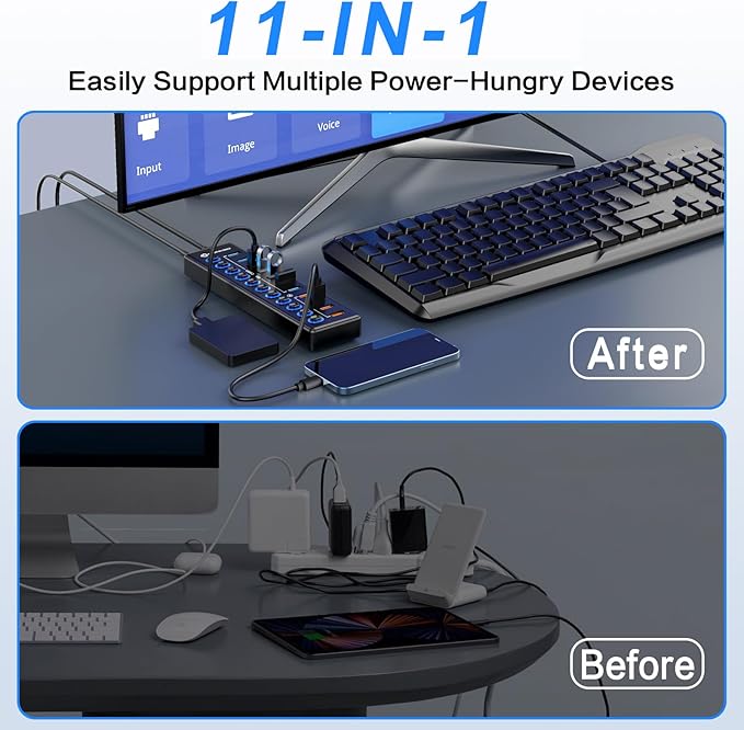 Powered USB Hub MENKSID 11-Port USB Hub 7 USB 3.2 Data Transfer Ports + 4 Smart Charging Ports Independent Switch (with LED Power Indicator) USB 3.2 Hub Powered with Power Adapter for Mac PC