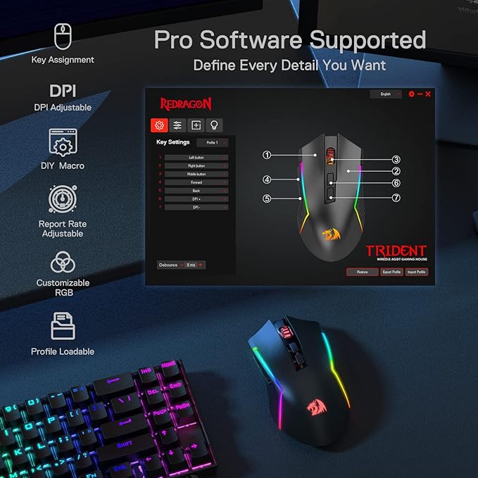 Redragon M693 Wireless Gaming Mouse 8000 DPI Mice w/ 3-Mode Connection BT &amp 2.4G Wireless 7 Macro Buttons Reliable Power Capacity for PC/Mac/Laptop
