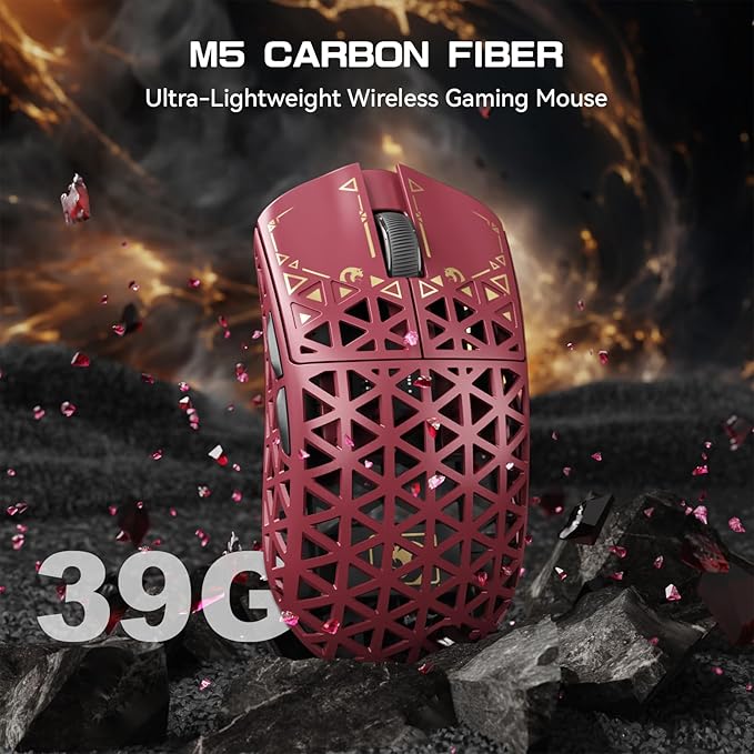 MAMBASNAKE M5 Ultra Carbon Fiber 8000Hz Wireless Gaming Mouse 39g Superlight 42000DPI PAW3950MAX Sensor Nordic 52840 Chip Bluetooth/2.4G/USB-C Wired Mice with Coiled Cable for PC/Mac (Red)