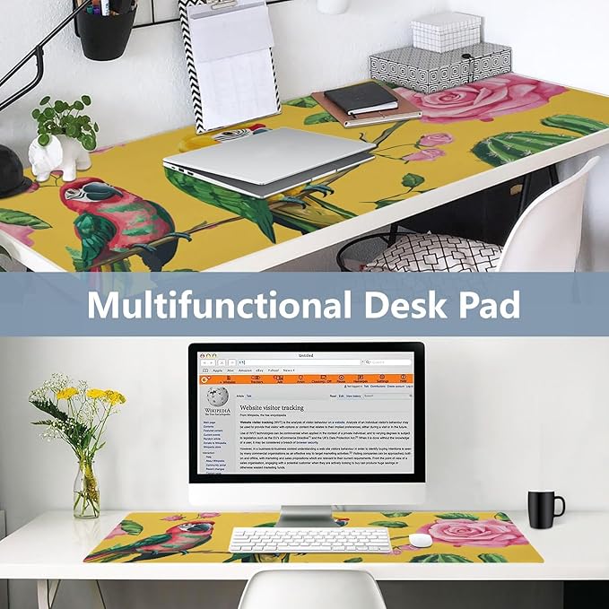 Mouse Pad Desk Mat Leather Desk Pad Large Gaming Desk Cover Protector Mat for Keyboard Computer Laptop Office Waterproof 35.4 x 16.5 Inch Yellow Cactus Parrots and Roses