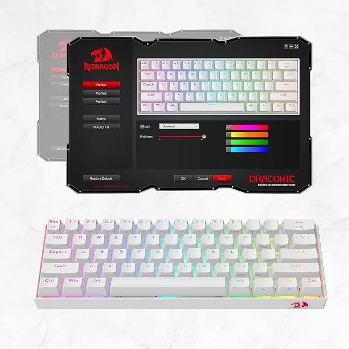 Redragon K530 Pro Draconic 60% Wireless RGB Mechanical Keyboard BT/2.4Ghz/Wired 3-Mode 61 Keys Compact Gaming Keyboard w/Hot-Swap Socket Free-Mod Plate Mounted PCB &amp Linear Red Switch