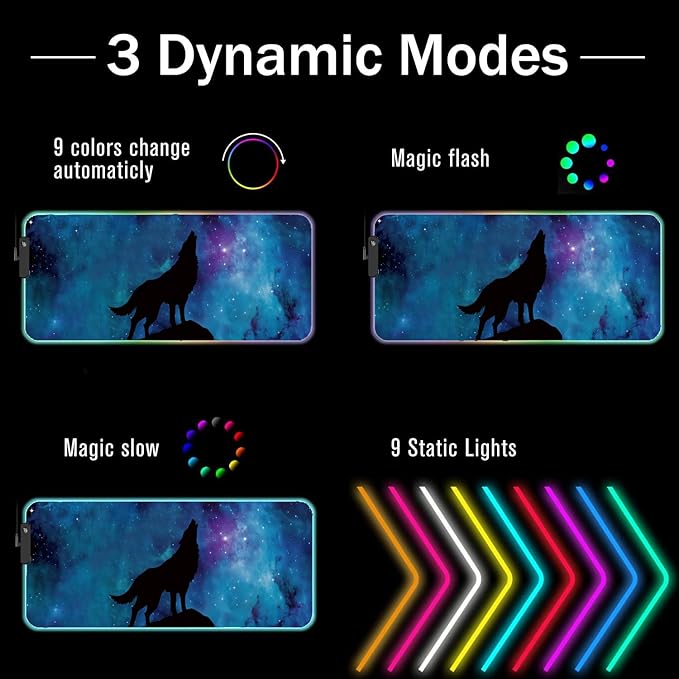 RGB Gaming Mouse Pad and Coffee Coaster XXL Large Glowing LED Mousepad Anti-Slip Rubber Base Computer Keyboard Desk Mouse Mat 31.5 X 11.8 Inch - Blue Galaxy Nebula Wolf