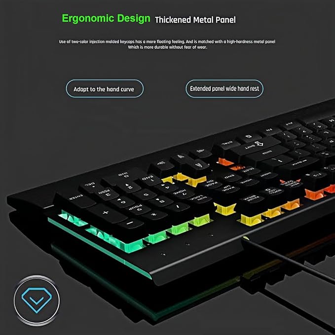 Wired Rainbow LED Gaming Keyboard104 Keys Light Up Mechanical Feeling Computer Keyboard With Palm Rest for Windows LaptopPC Gamers Office DeviceTravel Easy to Carry on Business TripWoking(Black)