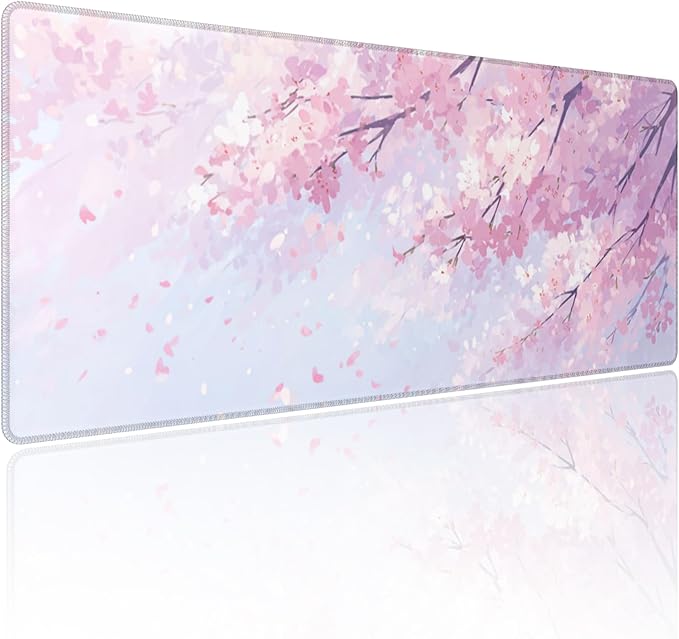 Gaming Mouse Pad Floral Cherry Blossom Flower Non-Slip Rubber Base Extended Mousepad with Stitched Edges Keyboard Computer Laptop Mat for Gamer Desktop Office Home 31.5 x 11.8 in