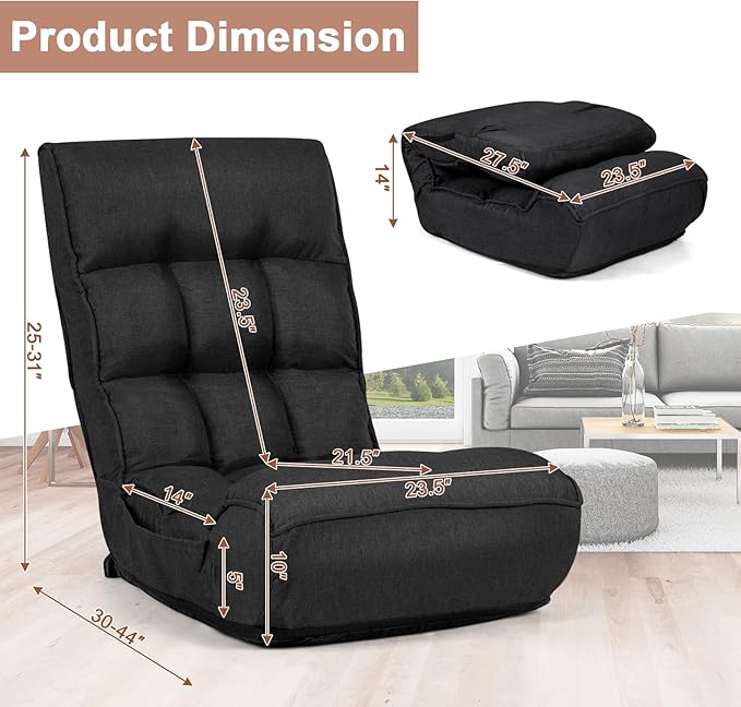 S AFSTAR Folding Floor Chair Floor Gaming Chair with 5-Position Adjustable Headrest &amp 4-Position Backrest Side Pocket &amp Thicken Cushion Padded Floor Seat Lazy Chair for Living Room Bedroom