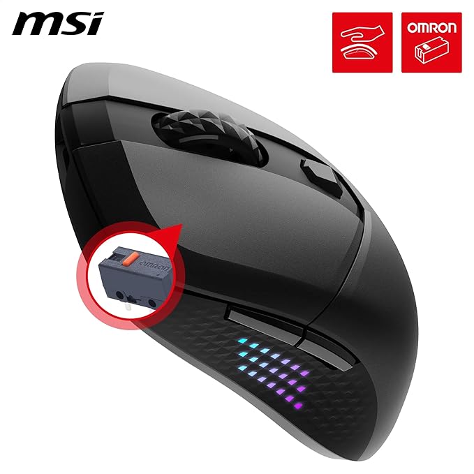 msi Versa 300 Elite Wireless Gaming Mouse - 26000 DPI Optical Sensor 1000 Hz Polling Rate Symmetrical 60M+ Click OMRON Switches 6 Buttons 200-Hour Battery 1ms Latency RGB 65g - Wired/Wireless