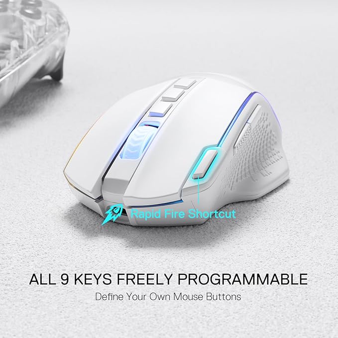 Redragon M991 Wireless Gaming Mouse 26000 DPI 3-Mode Gamer Mice w/Rapid Fire Key 9 Macro Buttons Powerful Capacity and RGB Backlight for PC/Mac/Laptop White
