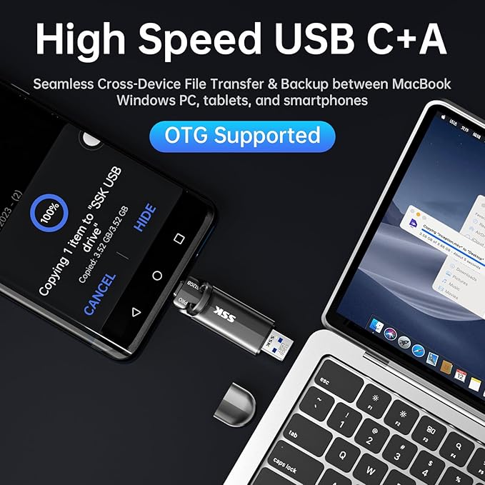 SSK USB Flash Drive 512GB SSD External TLC NAND Solid State Drive Dual USBC USBA Port Up to 1000MB/s High-Speed Portable 512GB USB Thumb Drive Stick for iPhone 15/16/17 Pro Mac Android PC Backup