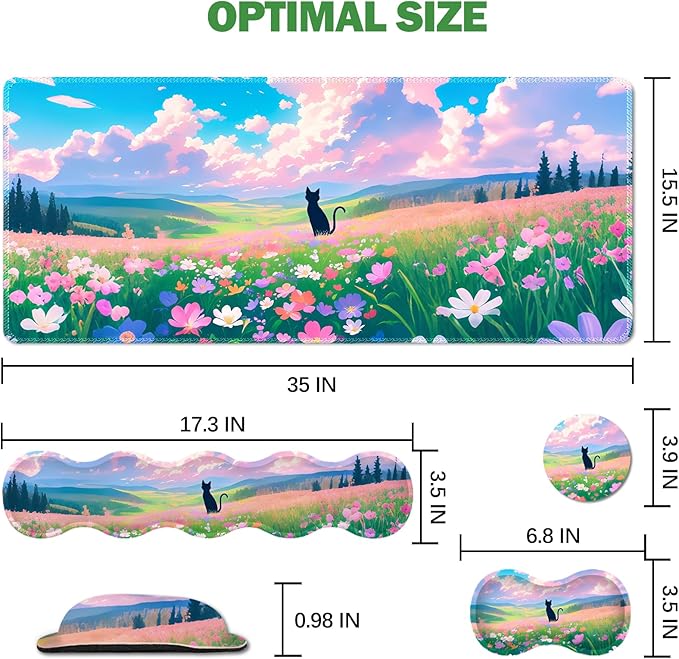 ARTSO Keyboard Wrist Rest Large Mouse Pad Wrist Support 4 in 1 Memory Foam Keyboard Pad Desk Mat Set Ergonomic Wrist Rest Cushion for Home Office Gaming-Cat and Flower Sea