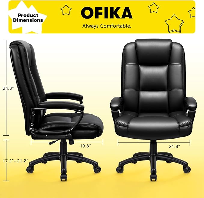 OFIKA Home Office Chair 400LBS Big and Tall Computer Chair Heavy Duty Design Ergonomic High Back Cushion Lumbar Back Support Adjustable Executive Leather with Armrest