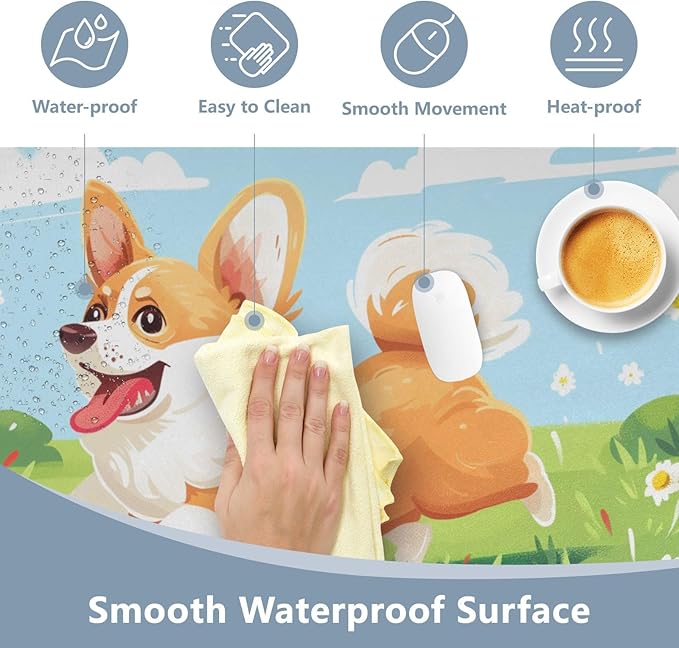 Mouse Pad Desk Mat Leather Desk Pad Large Gaming Desk Cover Protector Mat for Keyboard Computer Laptop Office Waterproof 35.4 x 16.5 Inch Cute Corgi Dog Floral