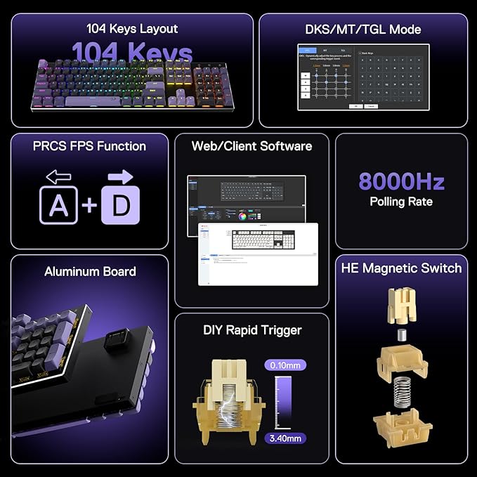 Redragon K556 HE Rapid Trigger Gaming Keyboard 100% 104 Keys Wired Mechanical Keyboard w/Hyper-Fast Actuation Dedicated Hall Effect Magnetic Switch 2-Layer Noise Dampening Original Aluminum Base