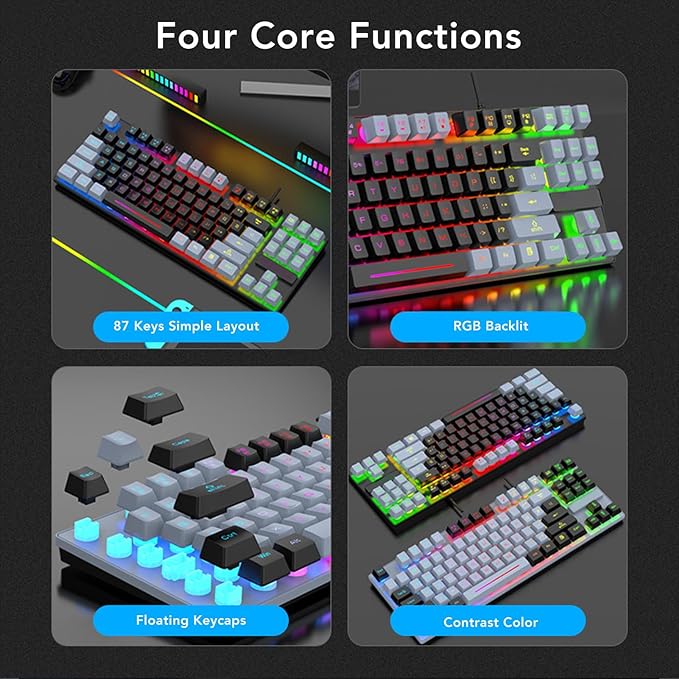 GOWENIC Gaming Keyboard USB Computer Keyboard 87 Keys RGB Backlit Floating Keycaps Dsign Contrast Color Space Saving Wired Keyboard for Desktop Laptop