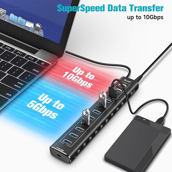 Powered USB Hub 11-Port ikuai Hybrid USB 3.2/ USB C Hub with PD Charging Port and 60W Power Adapter Aluminum USB Splitter Including 3 10Gbps Ports and 7 USB 3.0 Ports for PC Laptop and More