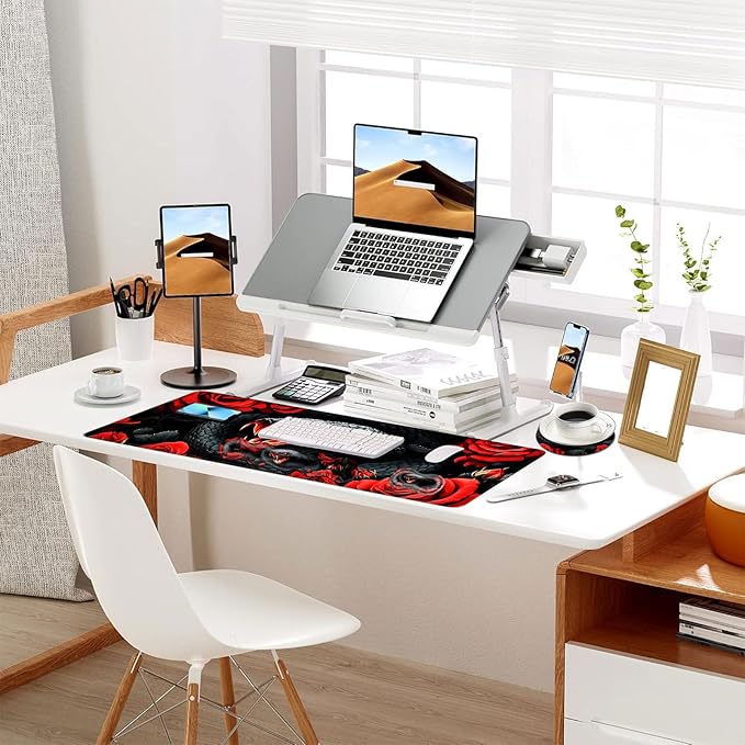 Keyboard Mouse Pad Set Extended Gaming Mouse Pad+Ergonomics Keyboard Wrist Rest Support Memory Foam Easy Typing Pain Relief 4Pcs XL Ultra Thick Desk MatSnake Roses and Fiery Mouth