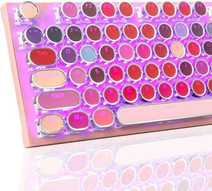 HUO JI Mechanical Gaming Keyboard Typewriter Style with RGB Side Lit and Purple LED Backlit Retro Style Blue Switches - Clicky Metal Panel Lipstick 104 Keys USB Wired for Mac PC Cute Pink