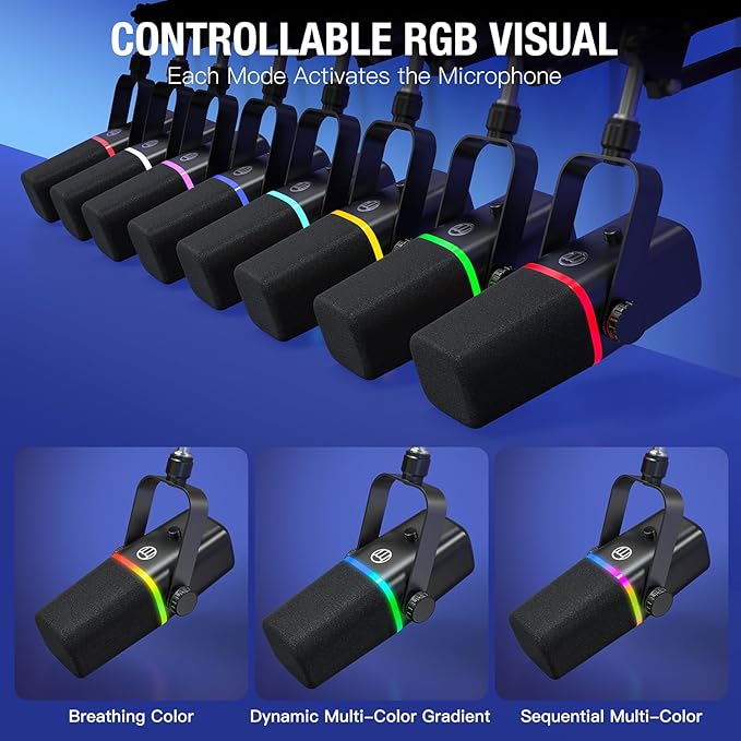 ZealSound XLR/USB Dynamic Microphone for Gaming PodcastMic for iPhone Phone PC Computer Gaming Streaming Microphone with RGB LightMute ButtonMic GainHeadphones JackBoom Arm StandSinging YouTube