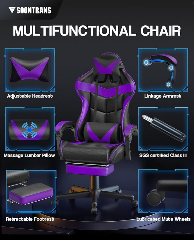 Soontrans Purple Gaming Chair with Footrest Ergonomic Gamer Chair Video Game Chairs with Adjustable Headrest Removable Lumbar Support Office Chair Game Chairs for Adults Teens(Purple)