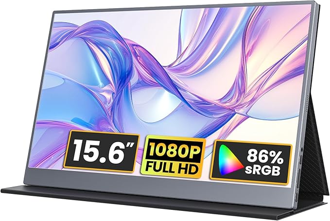 Portable Monitor 15.6 inch 1080P FHD 86% sRGB 60Hz Travel Monitor for Laptop MacBook Surface PC Xbox PS5 HDMI USB-C VESA Compatible Built-in Speaker
