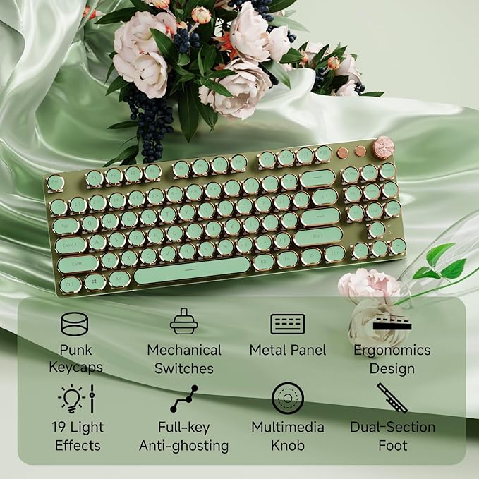 EWEADN V20 Green Typewriter Keyboard87 Keys Backlit Typewriter Style Mechanical Keyboards Media Control Knob Wired/BT5.0/2.4G Typewriter Style Computer Keyboards Pink Switch for Windows/Mac/PC