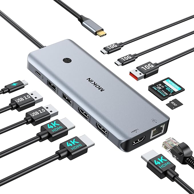 MOKiN 12-in-1 USB C Docking Station 3 HDMI 4K@60Hz Triple Display Hub with 100W PD 10Gbps USB-C/A Port Gigabit Ethernet SD/microSD Card Reader Screen Control Button for Laptop Windows